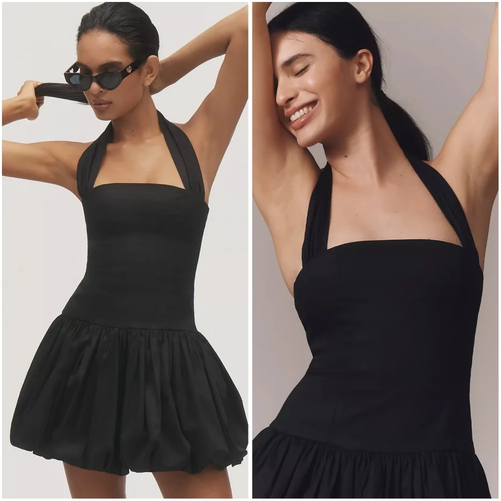 Anthropologie Delfi Collective Bubble Skirt Halter Mini Dress Black M NWT New